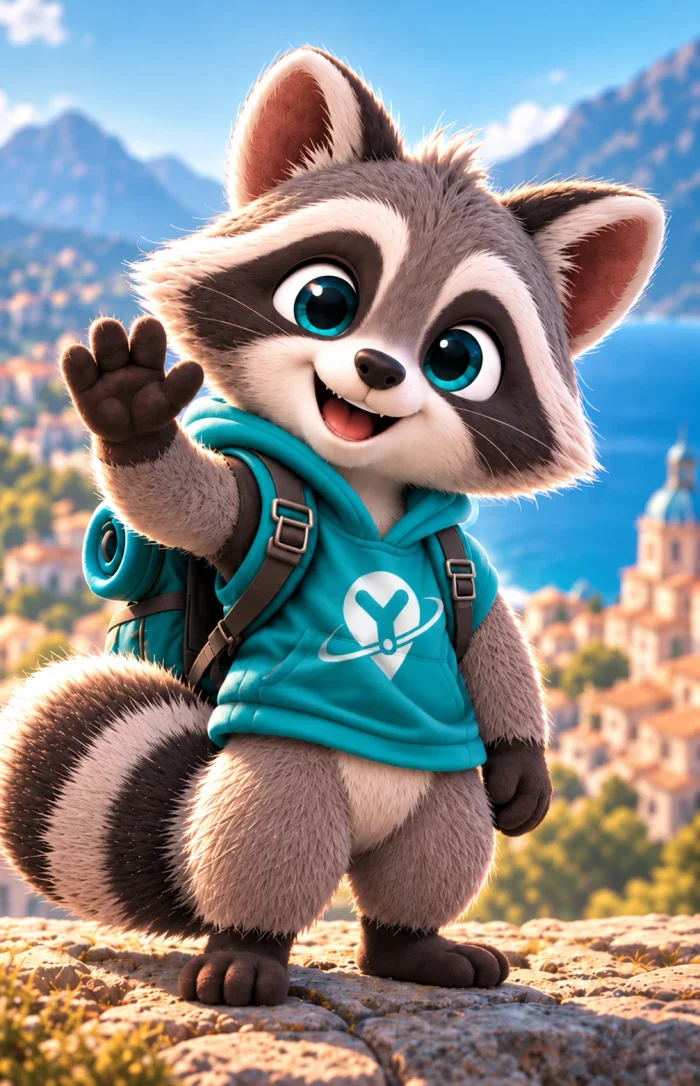 Yupi, el mapache viajero de Youtopia, saludando